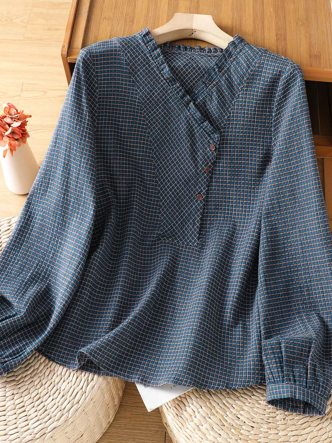 

Elegant Blue Plaid Long Sleeve Shirt Brand Button Design Autumn Fashion New Style Top Women's Loose Fit Breathable Skin-Friendly