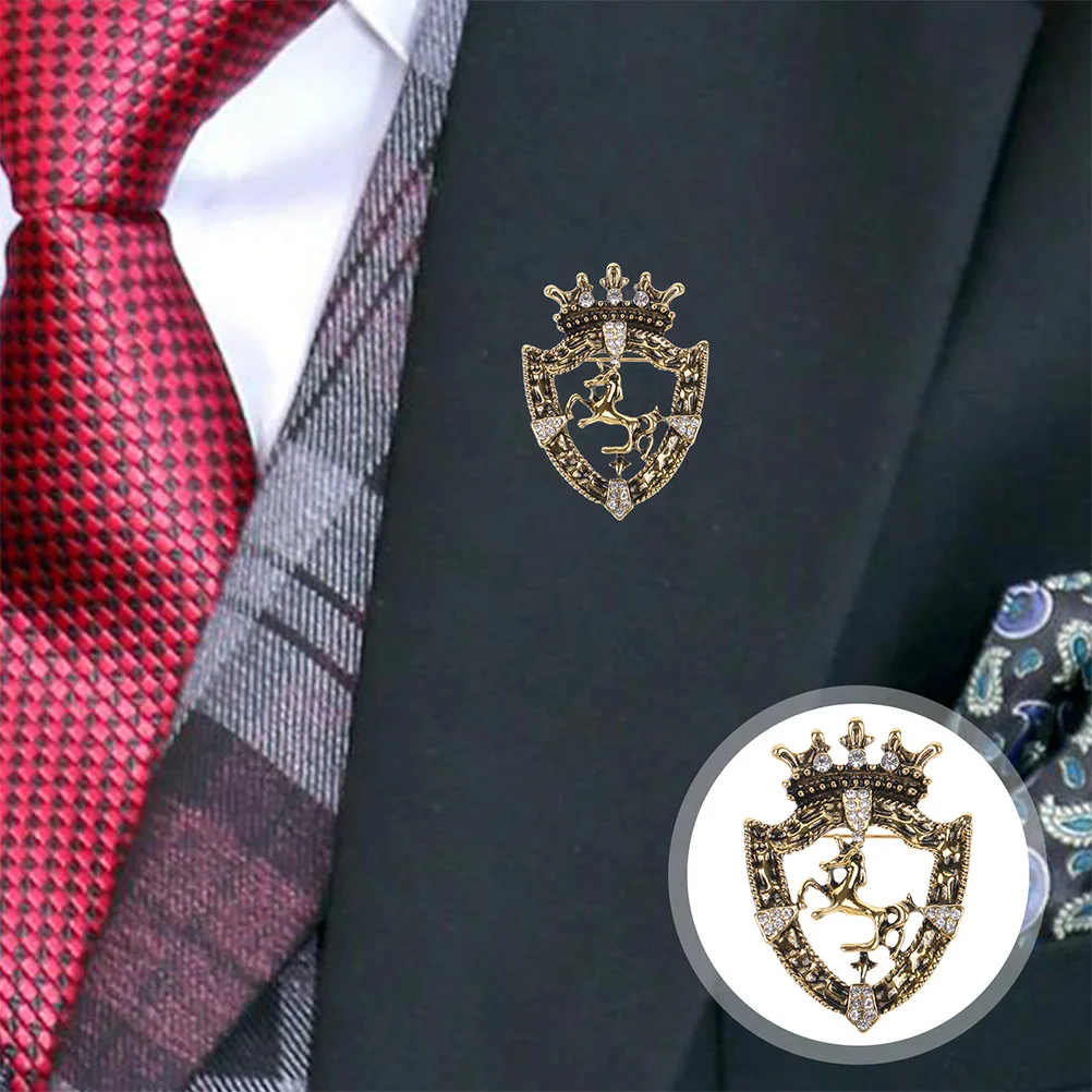 

2pcs Crown Brooch For Men Rhinestone Lapel Pin Zinc Alloy Shield Horse Badge Clothes Ornament Wedding Party Accessory Vintage