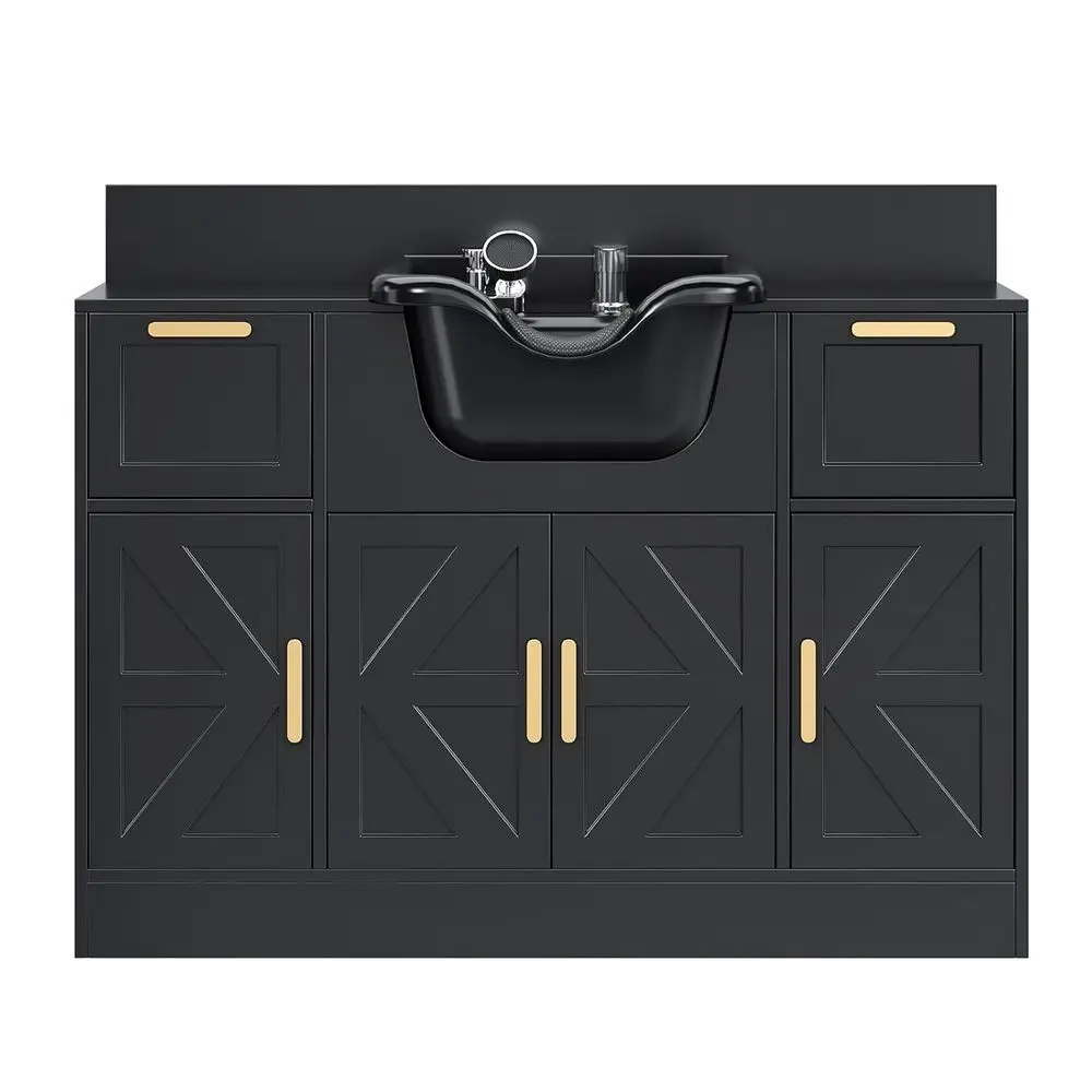 

Black Hair Stylist Station with Shampoo Bowl, Storage, Backwash Sink, and Certified Sprayer Faucet for Salons and Spas