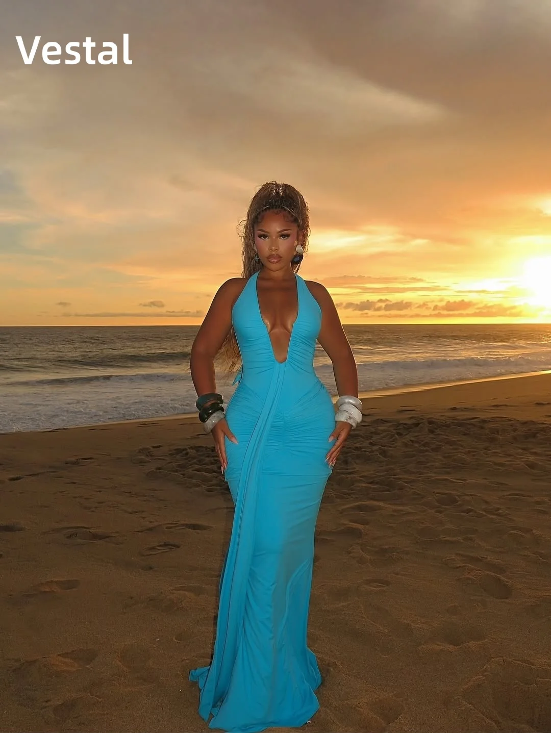 Vestido de fiesta turquesa estilo sirena con cuello halter, escote en V profundo, fruncido, largo hasta el suelo, vestido de noche formal personalizado