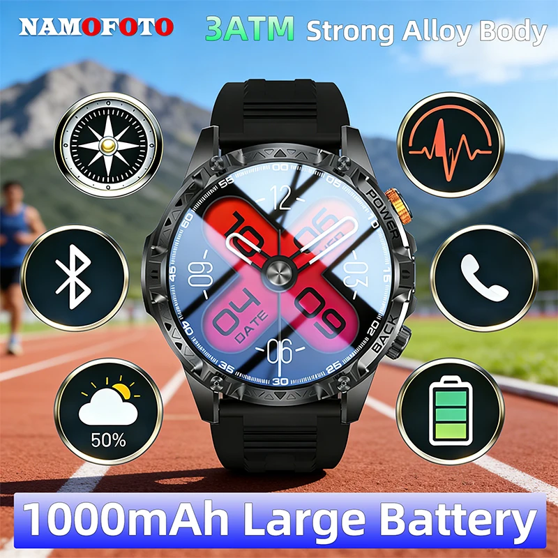 

2026 New Smart Watch 1000mAh Large Battery Men Outdoor Sports Data Track Compass LED Flashlight BT Calling Heart Rate Smartwatch