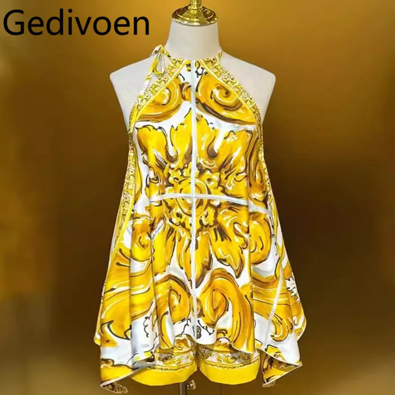 

Gedivoen Summer Fashion Runway Designer Shorts Sets Women Bohemian Print Sexy Strapless Tunic+Elastic Waist Shorts 2 Pieces Set