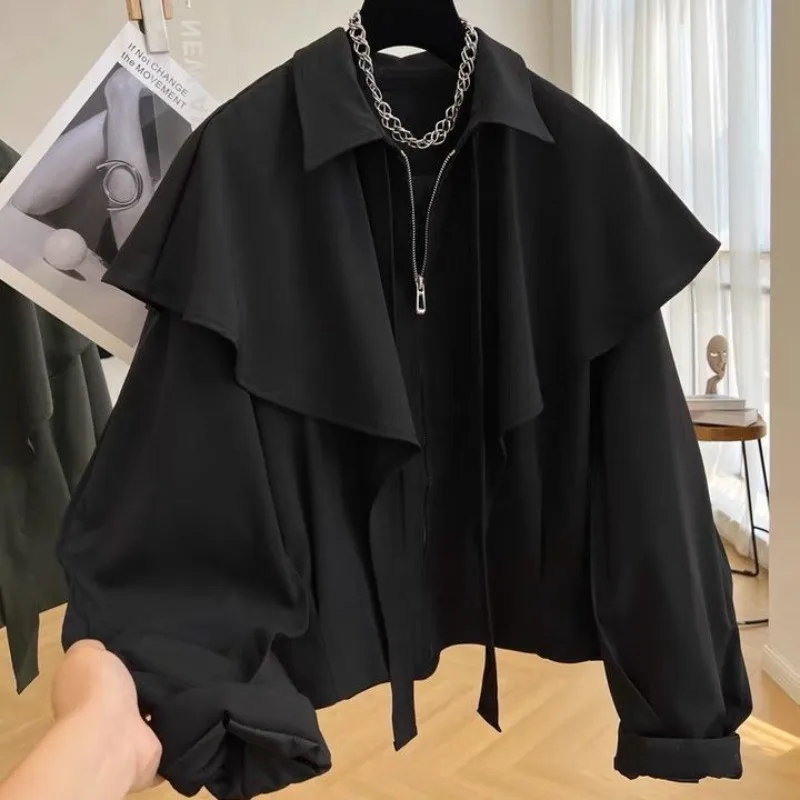 Design Sense Casual Short Cape Jacket Women\'s 2024 Spring Autumn  Fashion Loose Collar Top Black Coat Ropa