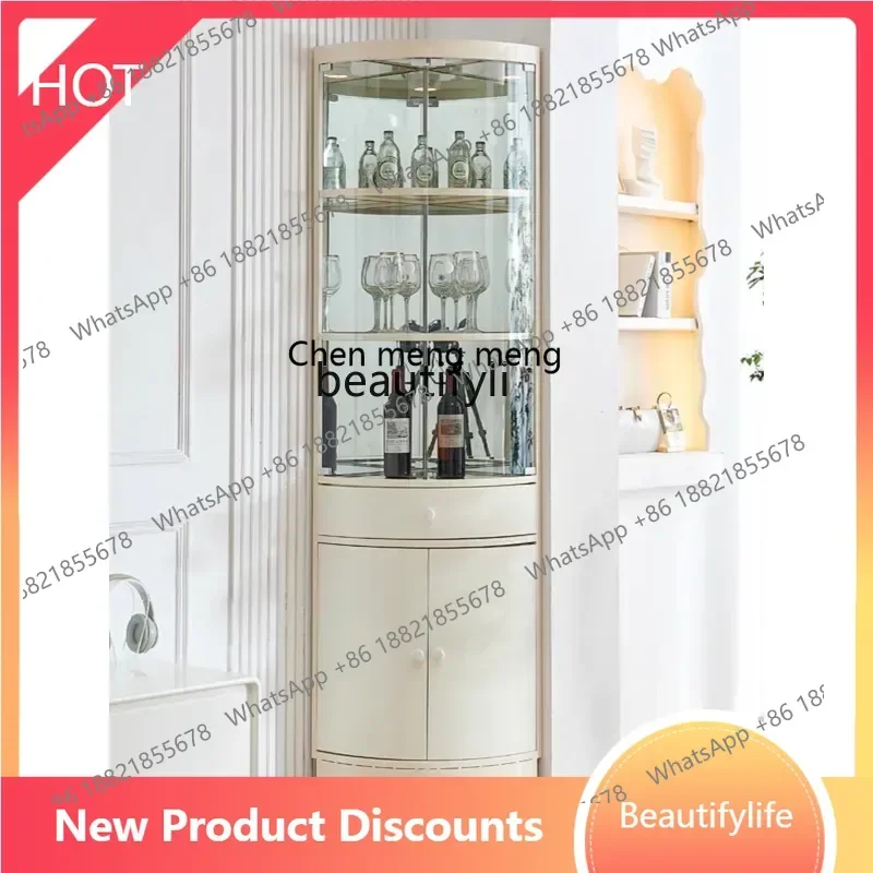New Cream Style Light Luxury Stainless Steel Triangle Cabinet with Door Glass Corner Wine Cabinet Living Room Fan-Shaped Cabinet