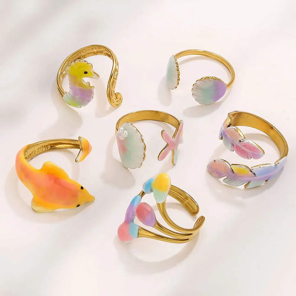 

Cartoon Ocean Animal Adjustable Enamel Stainless Steel Rings Open Rings Turtle Seahorse Shell Elegant Women Party Jewelry Gift