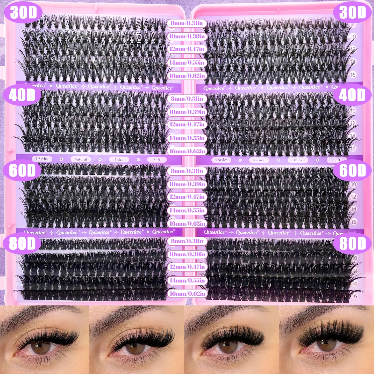 QUEENICE Lashes Cluster DIY Lash Extension Mixed Tray Clusters Eyelashes Fluffy Individual Lashes Cat Eye Lash Extension
