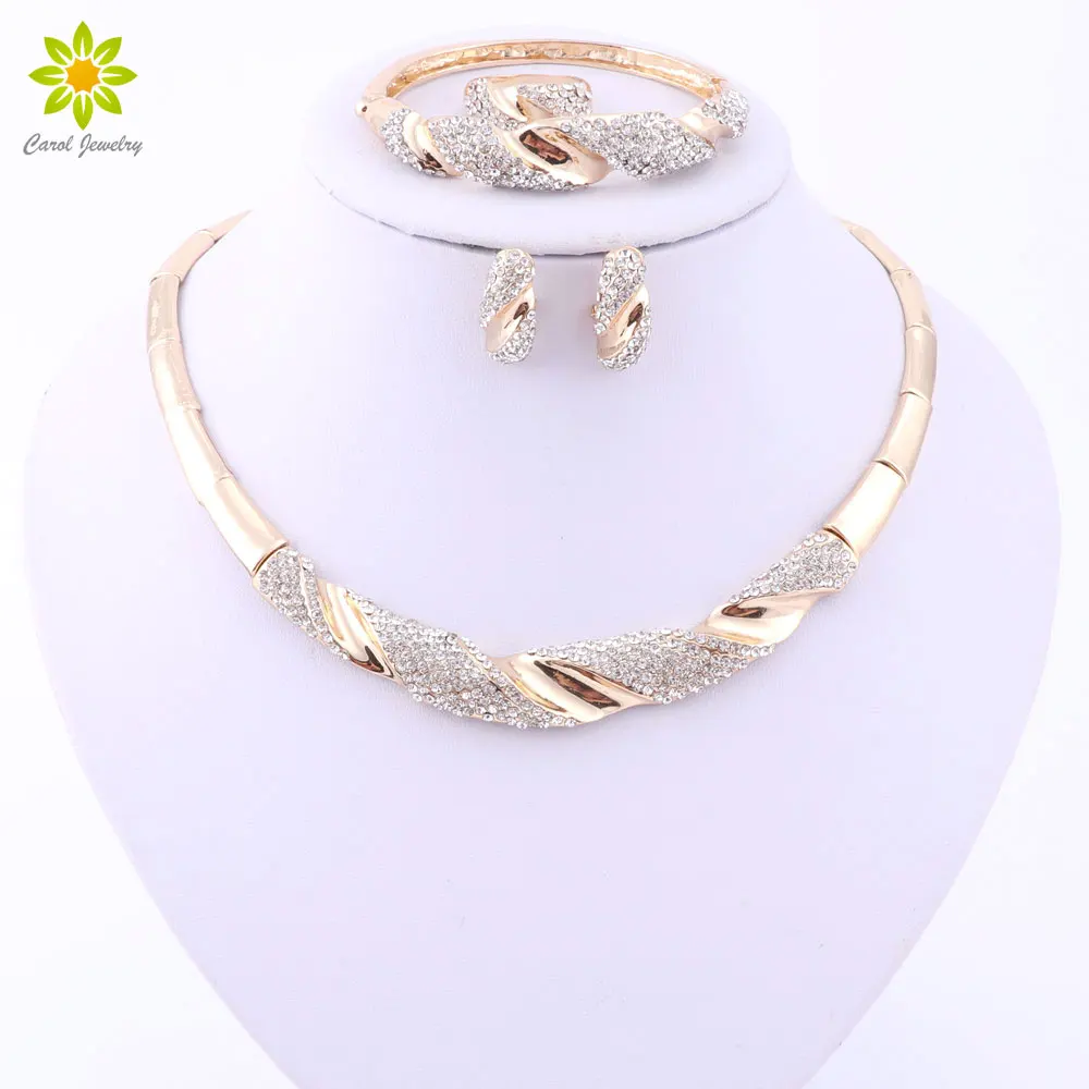 Trendy Necklace Earrings Bracelet Ring  Gold Color Jewelry Sets For Women Crystal Bridal Wedding Accessories