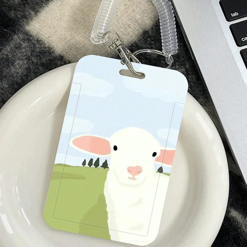 Cartoon Lamb Pattern Card Holder with Retractable Spring Cord for Bus Card Protection Cover, Meal Card Cover, Student ID Cover