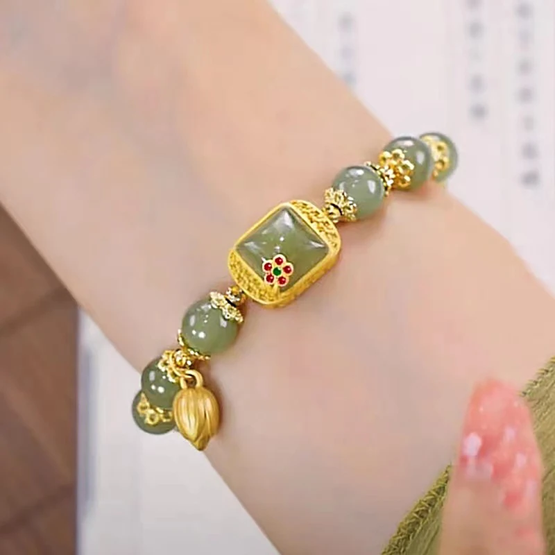 Pulsera con colgante de loto de Jade hetiano de imitación de estilo chino para mujer, brazalete con cuentas Vintage, joyería de lujo ligera, regalos