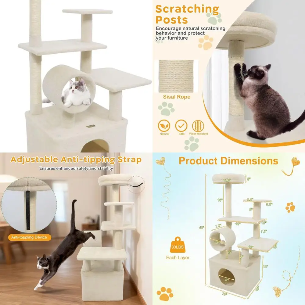 

Домашний кошачий дерево-гриффель 48 дюймов с сизалевыми досками для когтетрения, домиком, тоннелем, подвесным мячиком, мягким лежаком и платформами (бежевый)