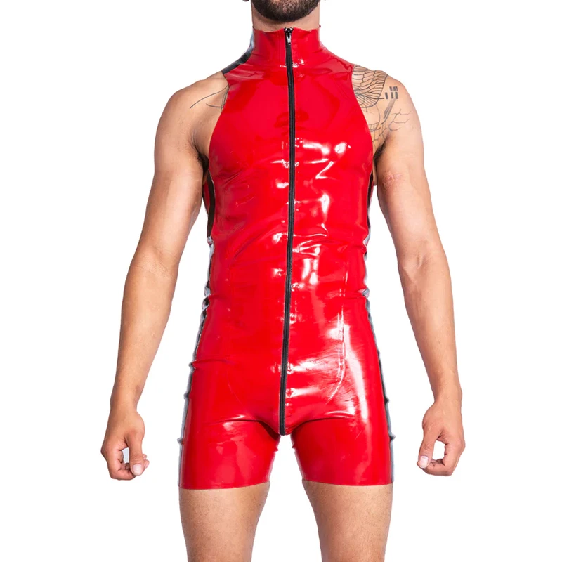 Red And Black Sleeveless Sexy Latex Catsuit With Stripes Zippers Rubber Bodysuit Zentai Surfsuit Leotard Tracksuit LTY-0373