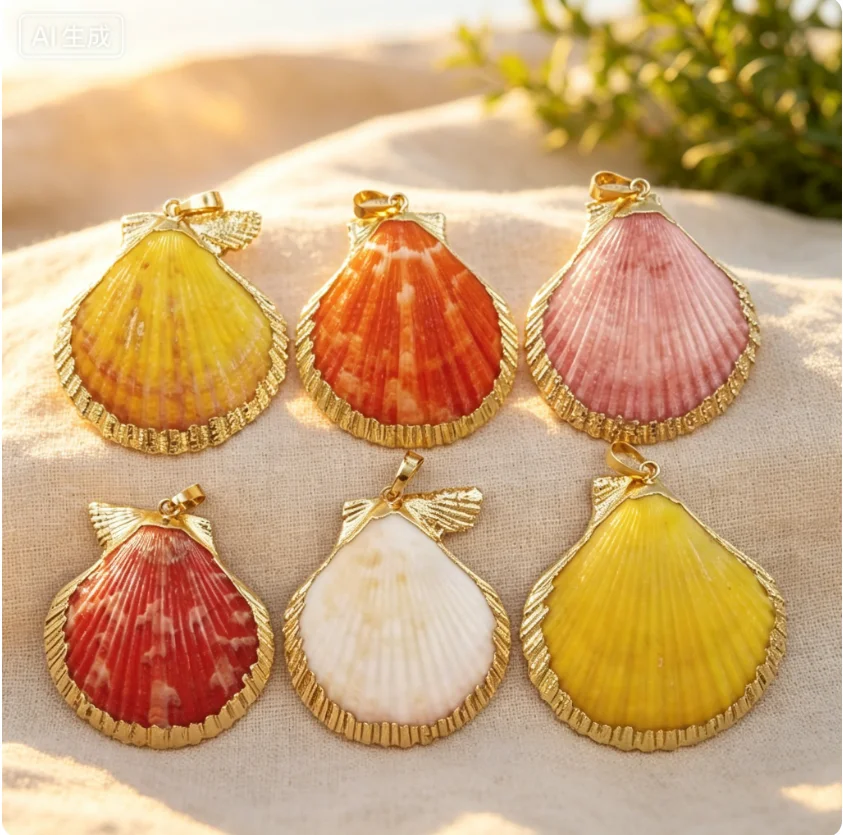 WT-J​P006 Fashion Beautiful Natural Scallop Shell Pendant With 24k Gold Plated On Edge For Friends Daily Fine Decoration