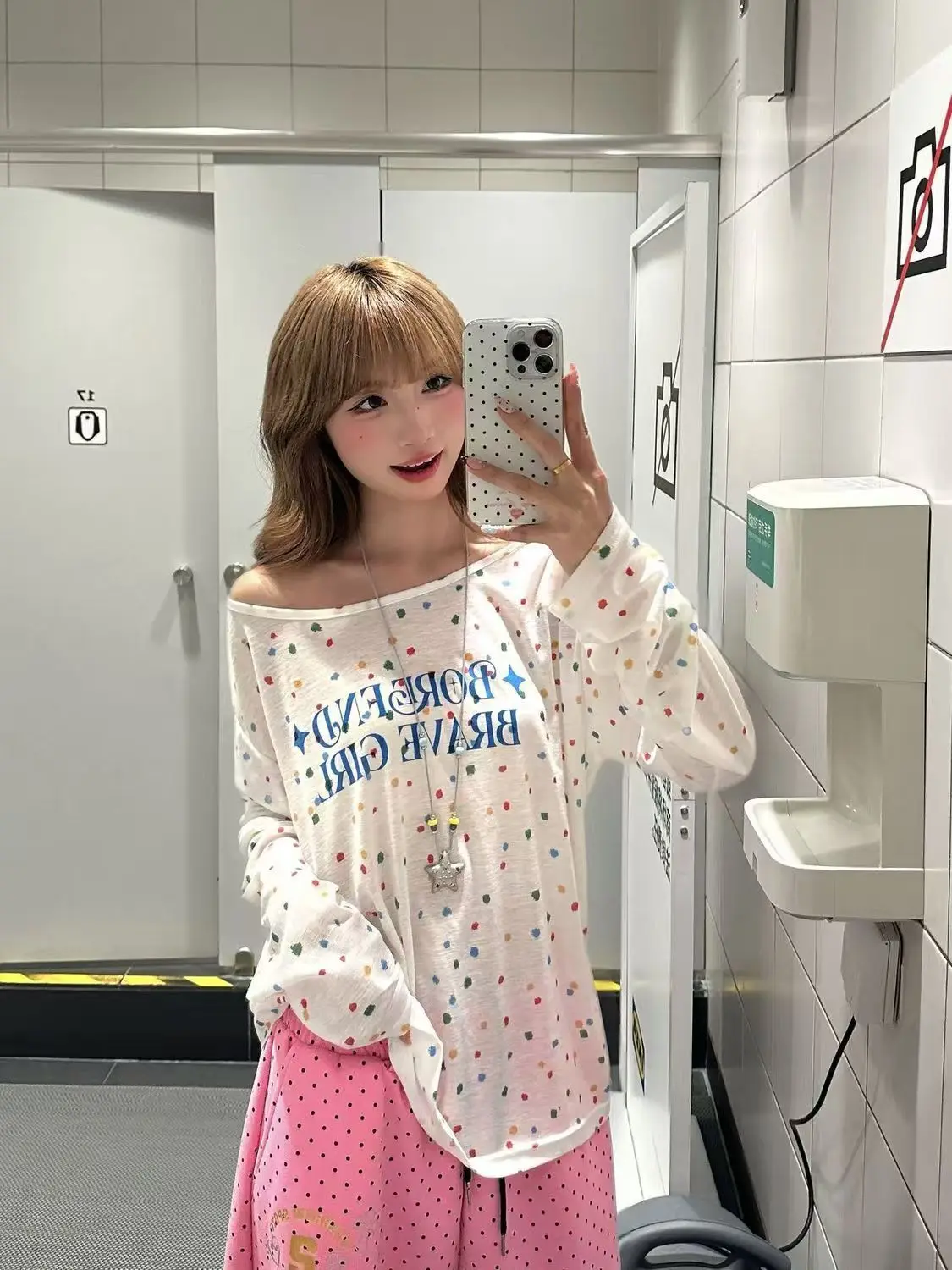 Y2k American Colorful Retro Polka Dot Off-the-Shoulder Long-Sleeve T-Shirt Summer Loose Sun-Protective Cover-Up Lightweight Top