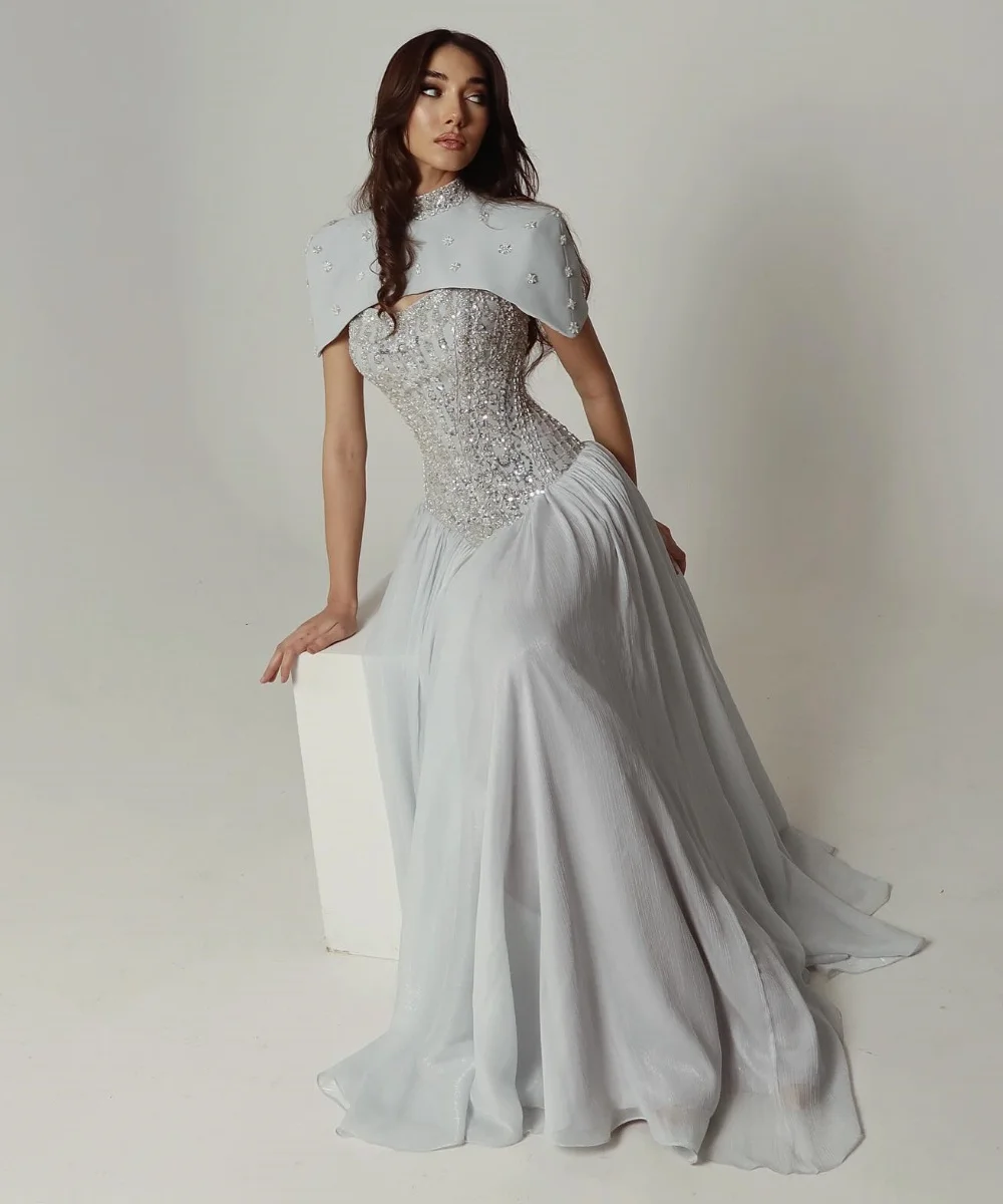 Customized Sparkle Chiffon Sequined Pattern A-line High Collar Long Evening Dresses Luxury 2025 Sizes Available