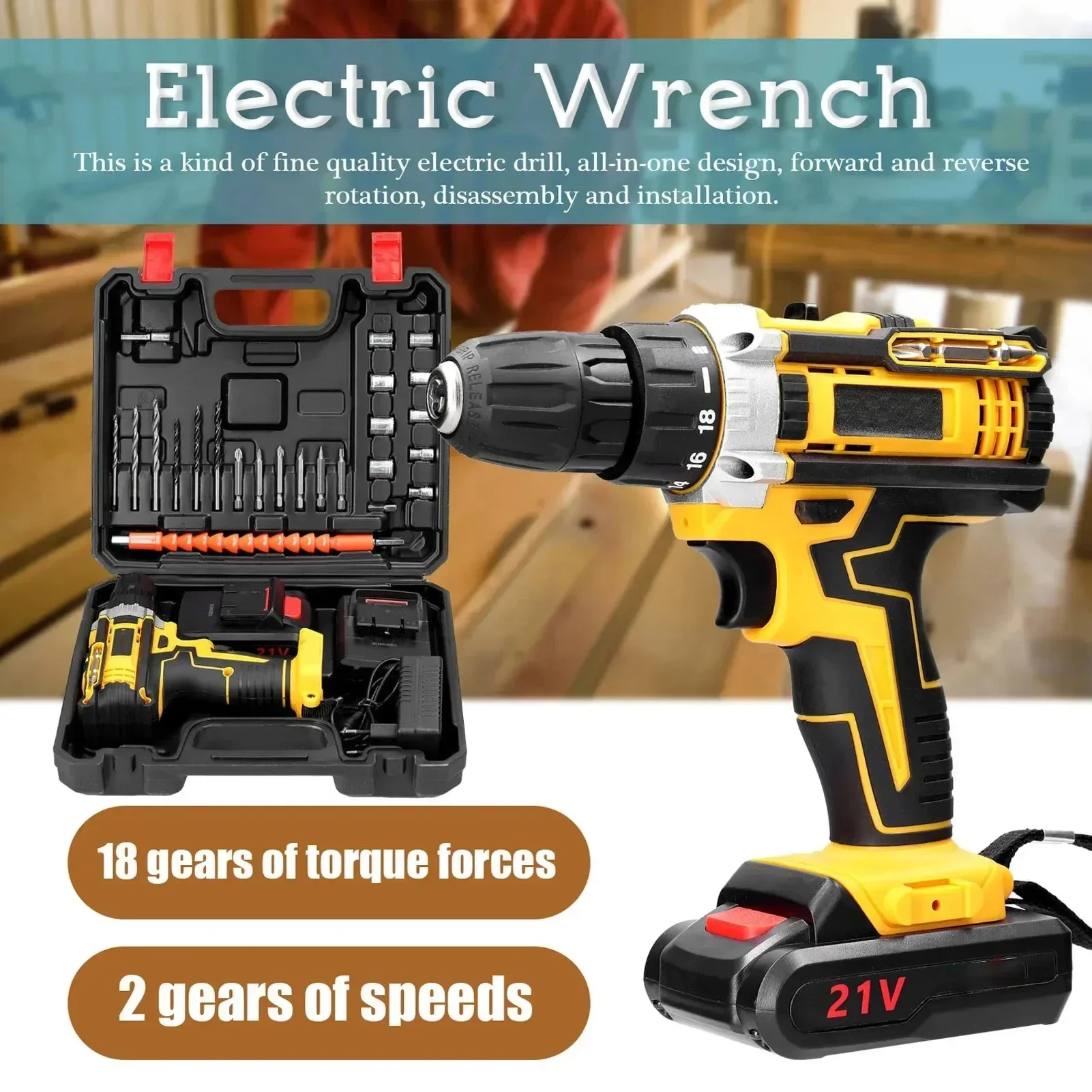 21V Cordless Drill Brush Motor 2-Speed Adjustment 18-Torque Variable Drilling Machine Charging Handheld Hammer Drill Power Tool