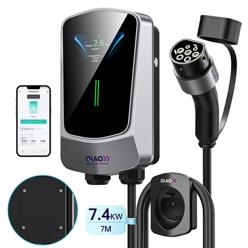 7.4KW 32A Type 2 IEC62196-2 EV Charger DLB 7M Charging Cable Smart APP WiFi 4.3' LCD Screen Display Electric Car Charger Station