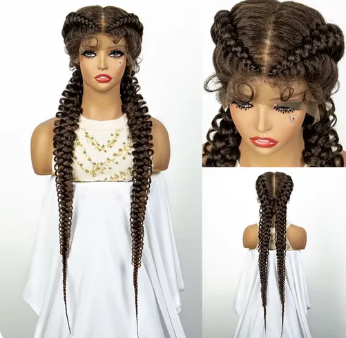 1B/30 Dark Brown Synthetic Lace Frontal Dutch Box Braided Wigs for Black Women Fishtail Braids Wigs with Baby Hair Cornrow Wigs