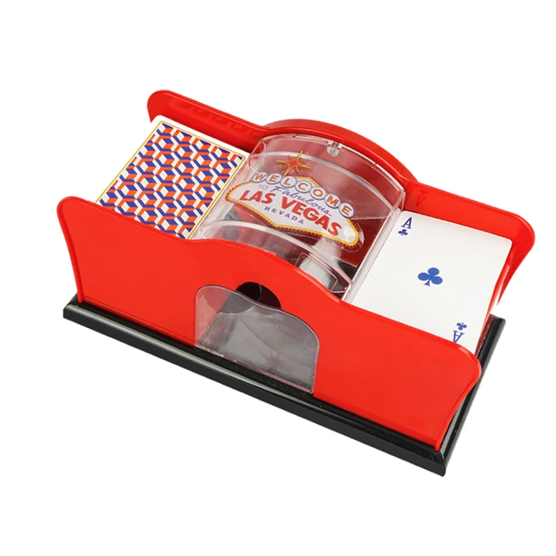 Rood/zwart handmatige kaartenschudmachine 2-deck met handslinger, kaartenschudmachine voor Blackjack, UNO, poker, speelkaartdealermachine