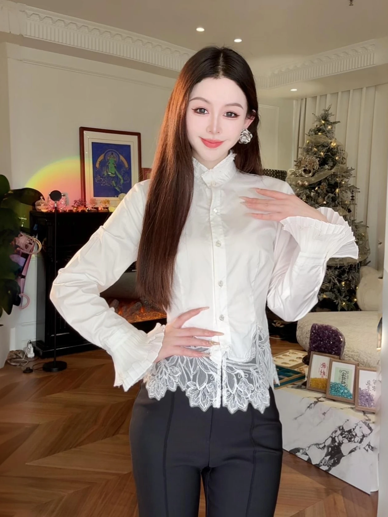 

Yuxiao Xiao 00% Cotton Bell Sve Stand Collar Lace Trim irt Casual Sle Loose Fit Long Sve Spring 2026 Women's Faion