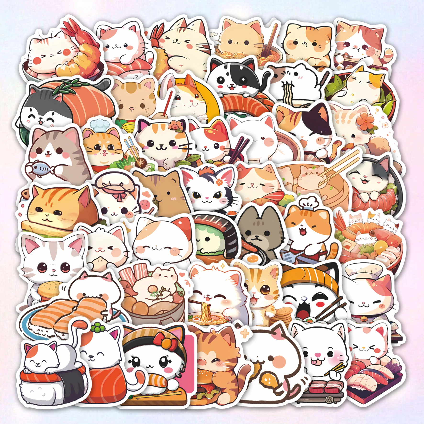 50pcs Sushi Cat Healing Stickers Set Waterproof Vinyl Decals Charming Food-Cat Designs for Laptop Luggage Scrapbook Decor Cat/Fo