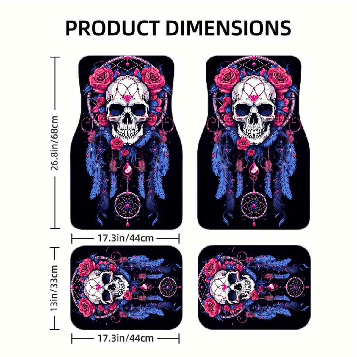 Set Of 4 Universal Fit Skull Car Floor Mats | Polyester Fiber, Washable, Interior Protection Decoration