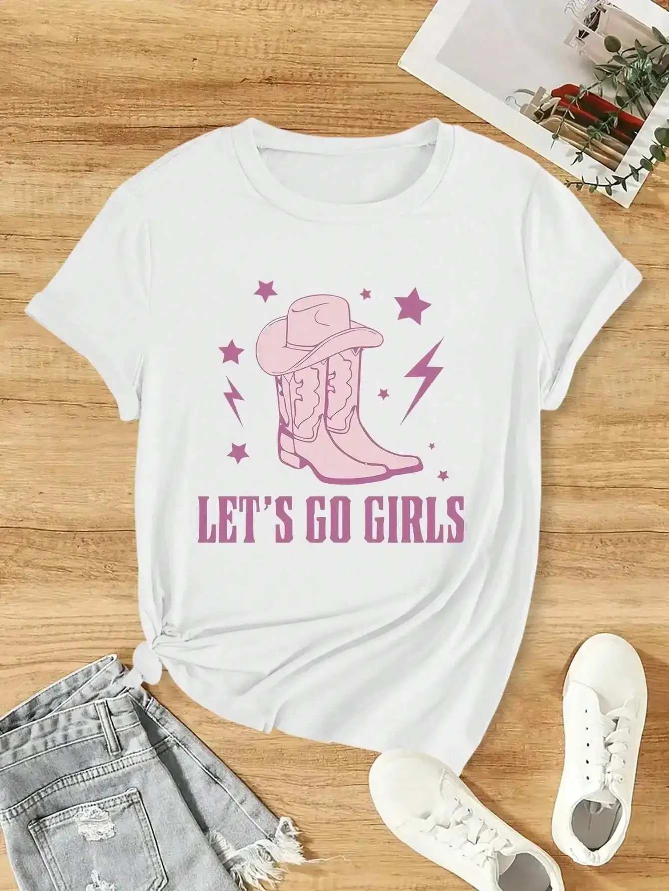 Women T-shirt Round Neck Cowboy Boot Hat Star Letter Print Short Sleeve Regular Fit Western Casual Stylish Women's Clothing
