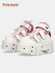 Thick Soled Mixed Color Pumps Round Toe Hook&loop Pink White Sewing Nail Women's Shoes Spring Sweet Cool High Increase Shoes