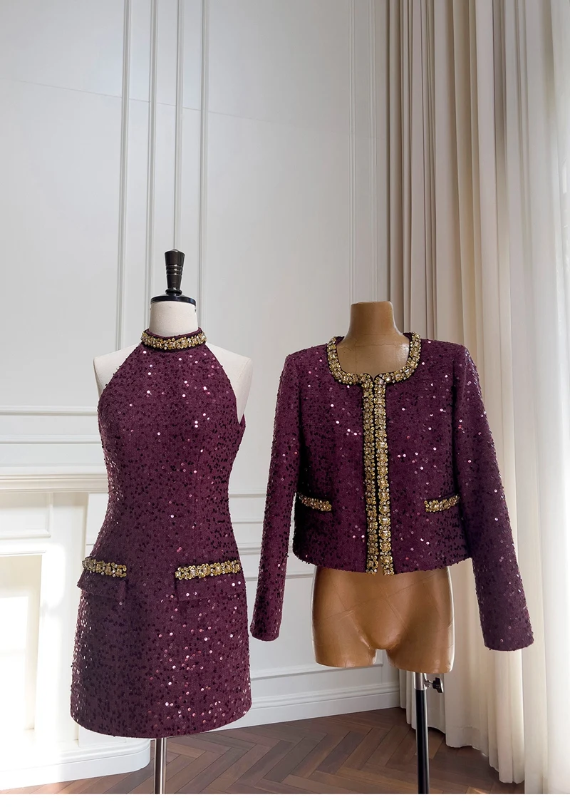 YIGELILA-Women's Sequins Beading Tweed Coat, Ladies Overcoat, Top Quality, Elegant, Purple, New, Vintage, Autumn, 2024