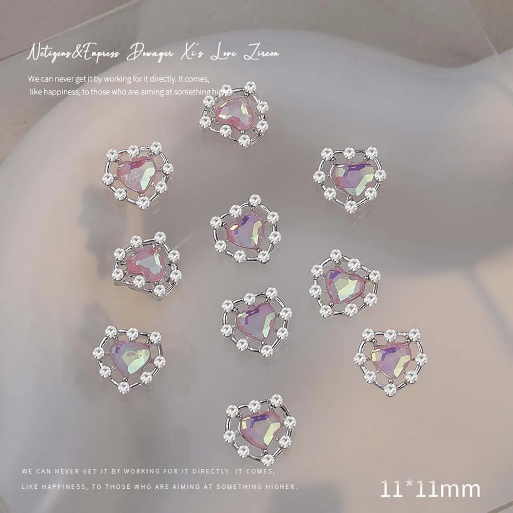 10 Stuks Zilver Hartvormige Designer Nail Art Charme 3d Legering Aurora Edelsteen Multicolor Sieraden Diy Nail Steentjes Accessoires