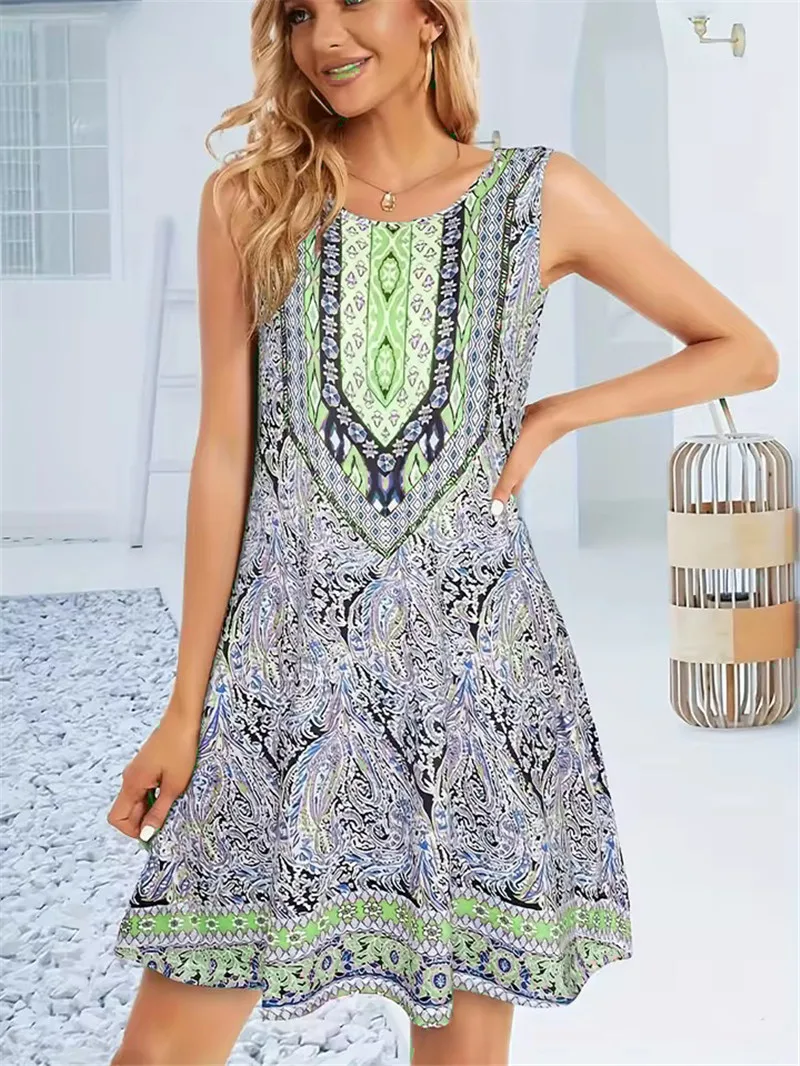 Retro Style Women Mini Dresses Summer Sleeveless 3D Printed Street Ladies Casual Dress 3XL Large Size O-Neck Loose Dress