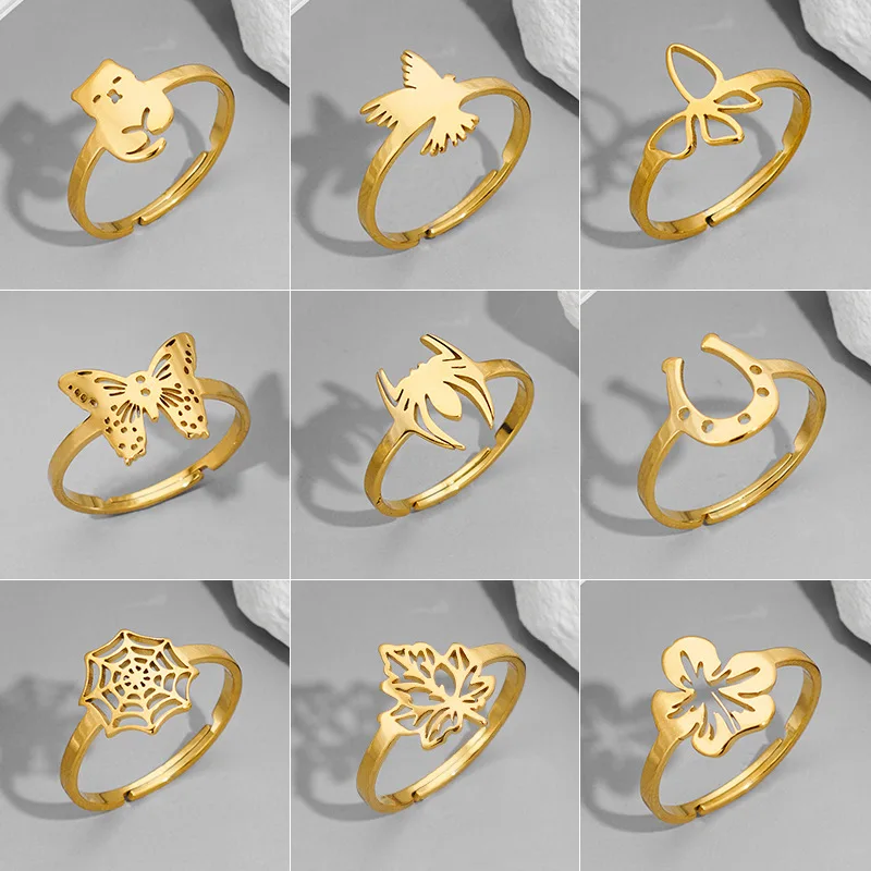 2024 New fashion couple stainless steel spider web butterfly bird ring personality all-match open ring accessories for men and w