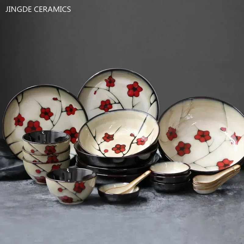 Japanese Ceramic Tableware Household Hand-painted Plum Blossom Ceramic Plate Rice Bowl Home Dinner Plates Kitchen Accessories