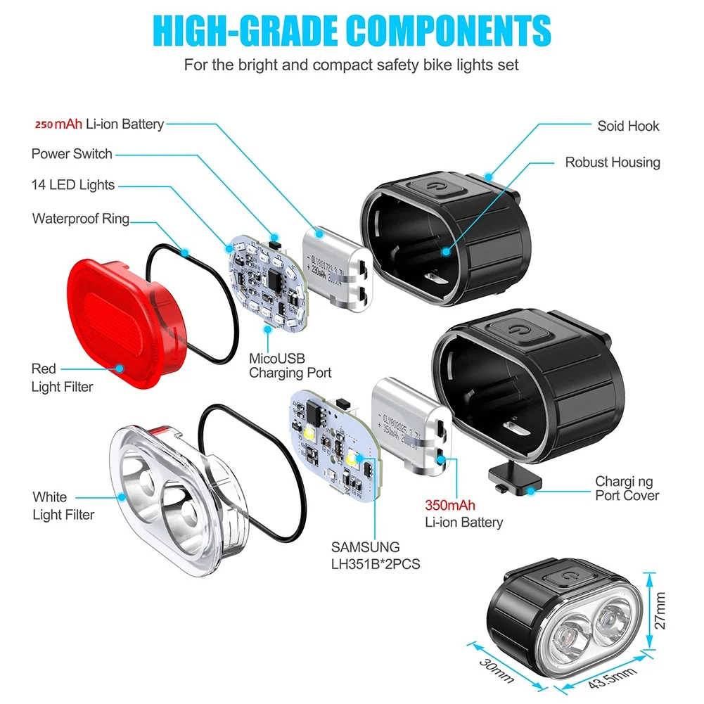 Set of front and rear lights for mountain bike, LED flashlight with USB charging, water resistant