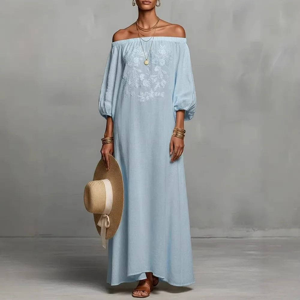 2026 Autumn New Women Print Half Sleeve Loose Robes Temperament High Waist Simple Vacation Dresses Vintage Solid Pleated Dress
