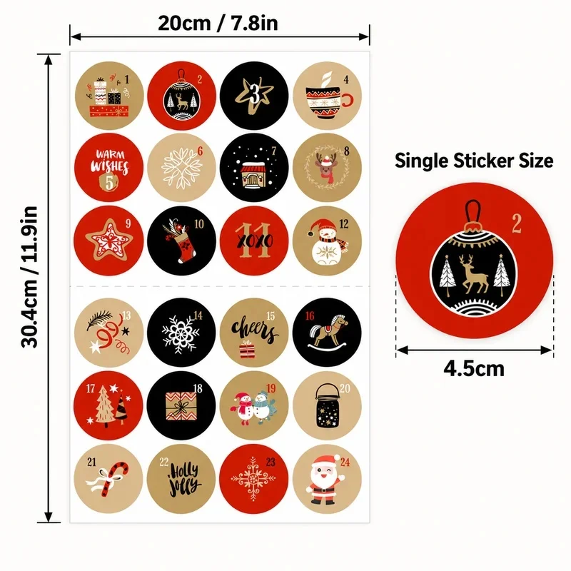 Vintage Christmas Round Stickers 96pcs Advent Calendar Number Stickers For Gift Box Decoration Diy Scrapbooking Craft Supplies