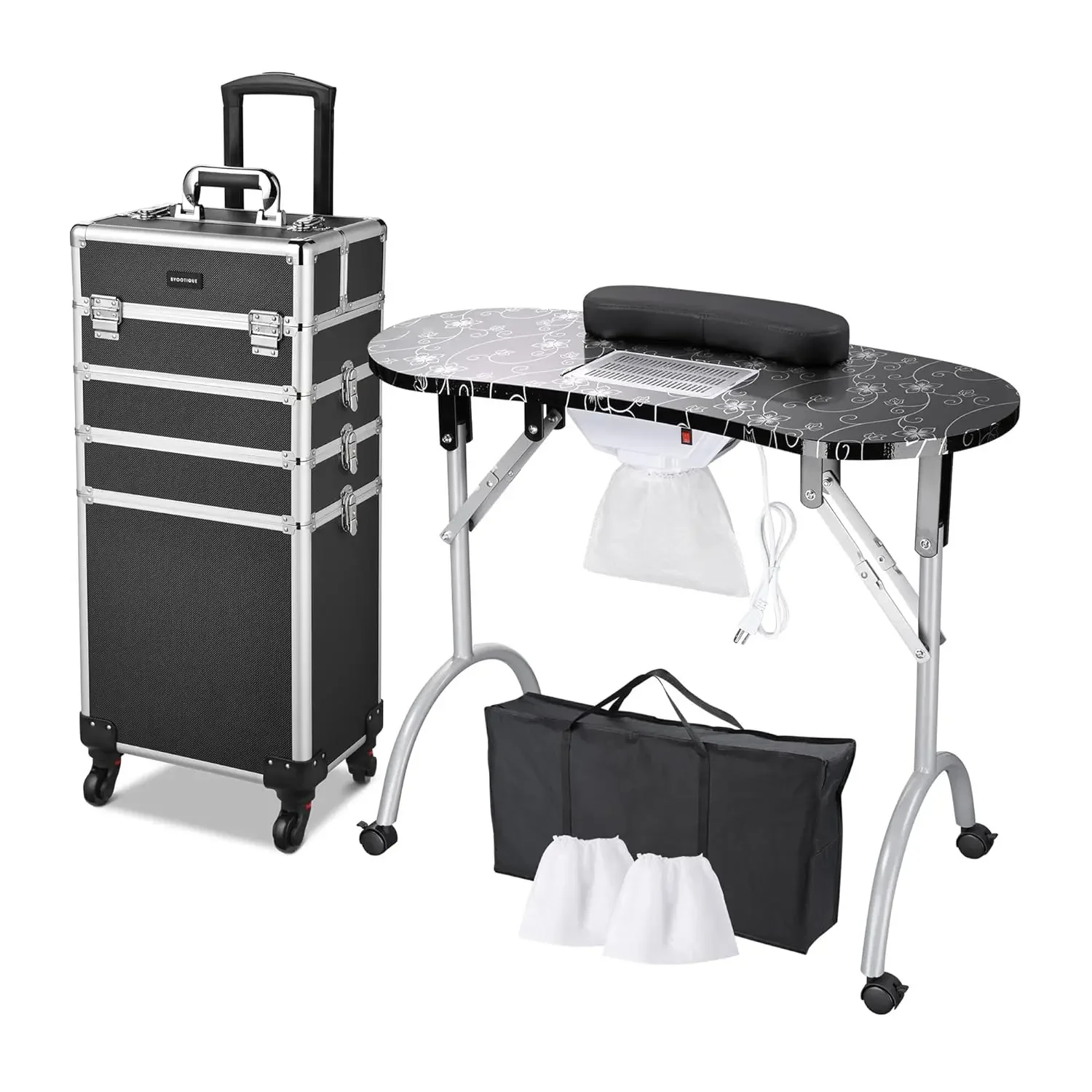 Rolling Manicure Table 4in1 Makeup Train Case Foldable Nail Desk Cosmetology Case on Wheels with Built-in Dust Collector