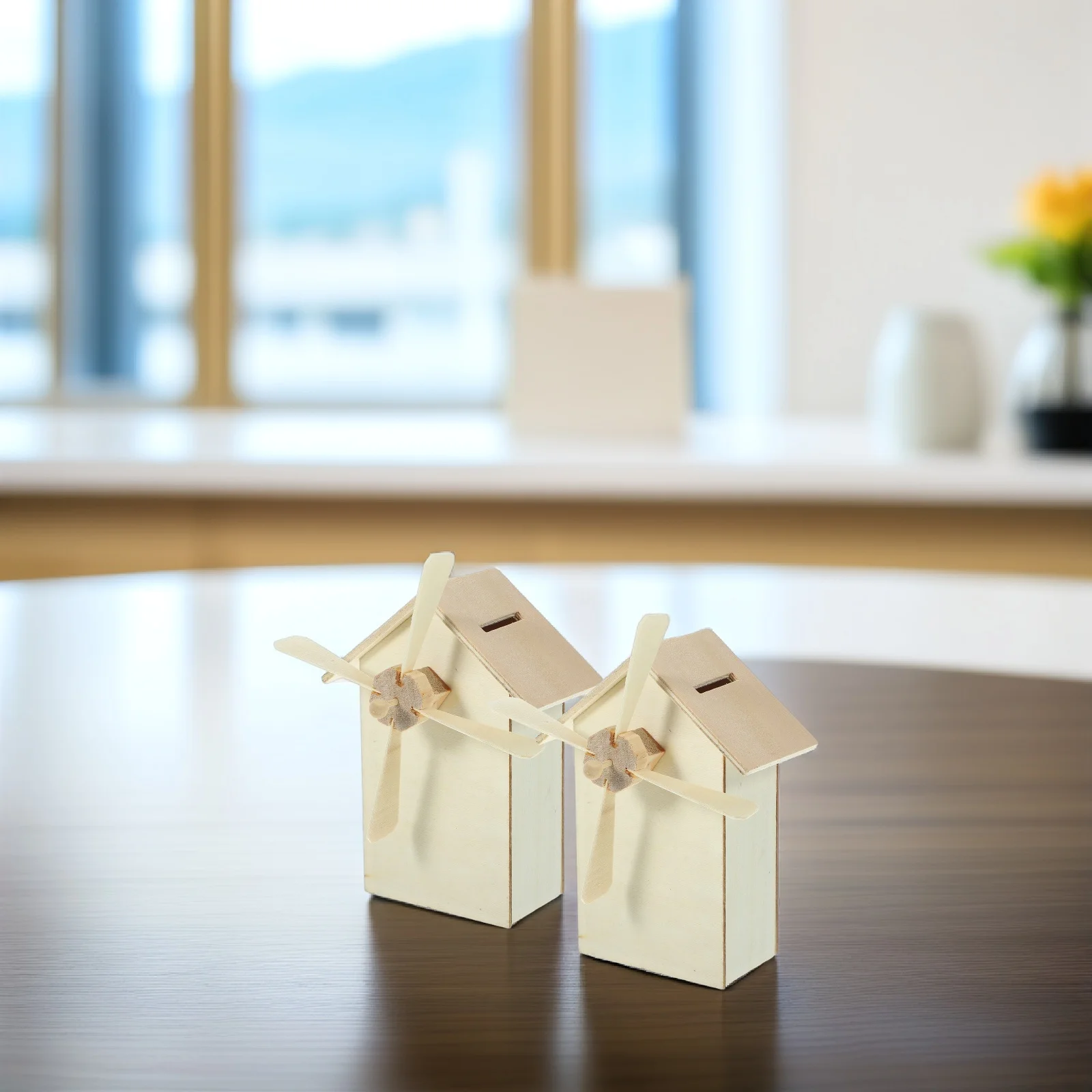 طقم حرفي مكون من قطعتين من طاحونة الهواء الخشبية للأطفال، هدية لديكور غرفة الأطفال، صندوق المال لتوفير البنك #2