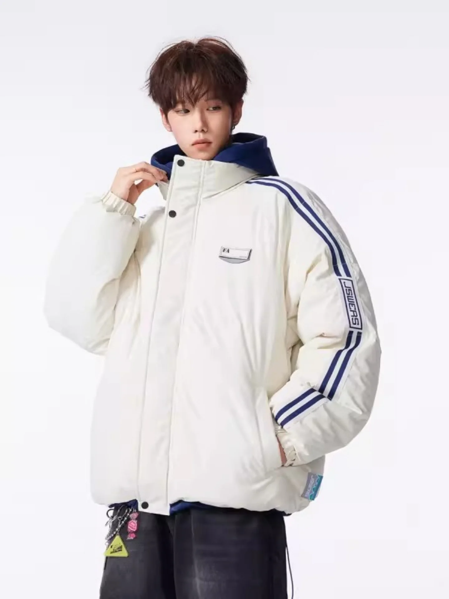 

Teenage Boys' Hooded Jaet Thiened Winter Coat Bread Sle Casual Wear Stripe Pattern Zipper Closure Long Sve Cleanfit