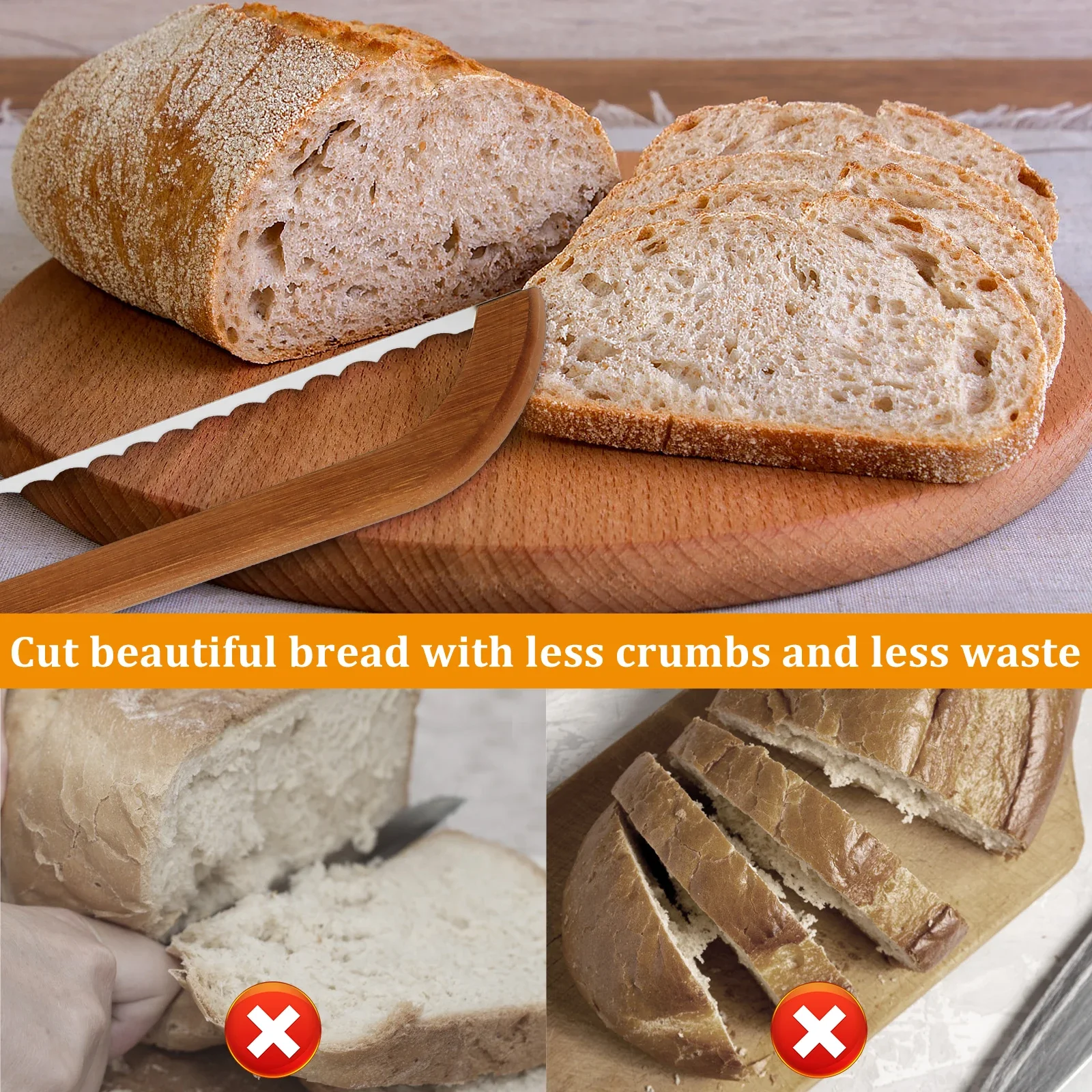 Bread Bow Cutter Serrated Bagel Cutter Sourdough Bread Slicer Portable Bread Cutting Tool with Bamboo Handle Bread Slicer