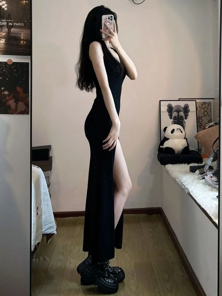 Black Sleeveless Dress Women Side Slit Irregular Mid Calf Sexy Sheath Solid Minimalist Summer Elegant Korean Fashion Style Chic