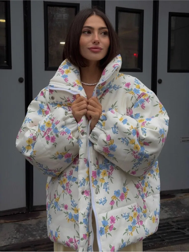 Women Floral Print Puffer Jacket Stand Collar Zipper Loose Warm Quilted Coat Winter Casual Outerwear