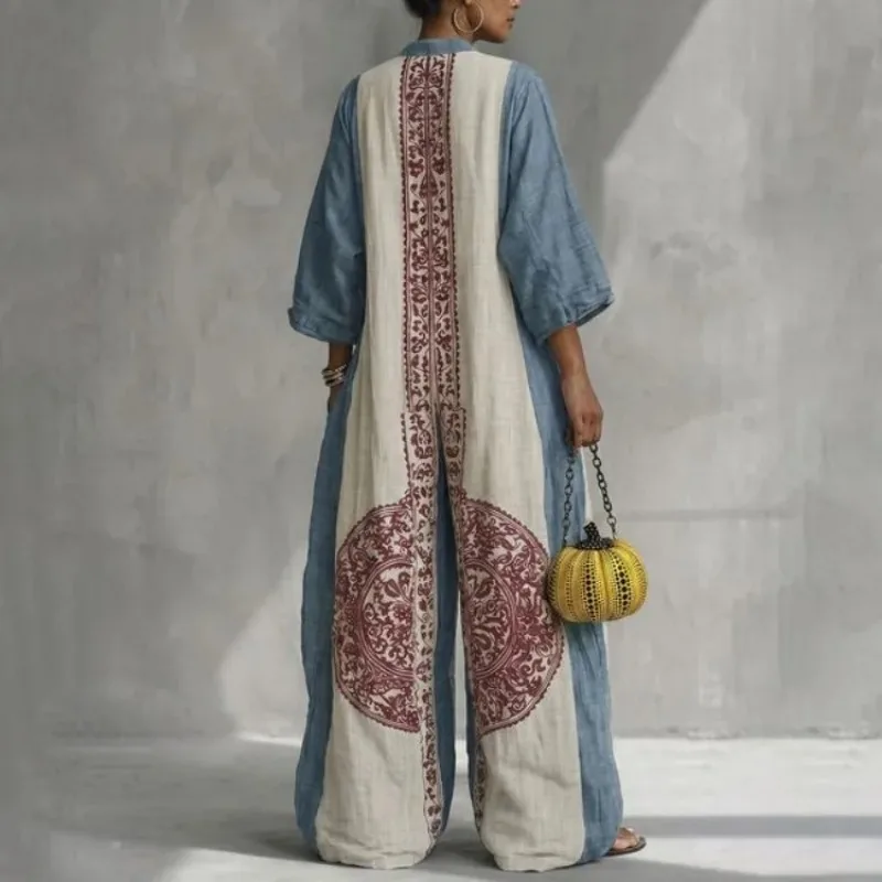 Yeezzi Women Retro Kaftan Wide Leg Jumpsuits 2026 New Ethnic Printed V-Neck 3/4 Sleeves Loose Pockets Casual Vacation Outfits