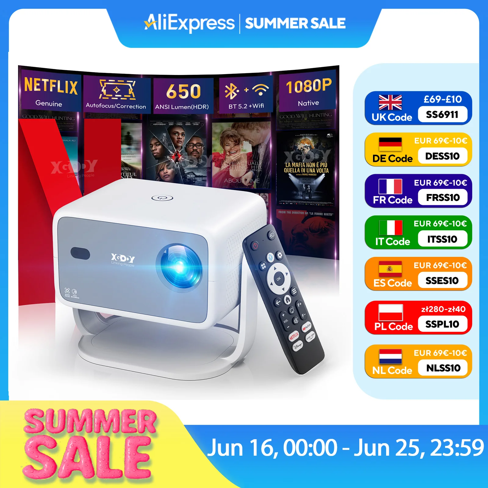 

XGODY Real 4K 1080P 650ANSI Android 13 Netflix 360Projector With Auto Keystone Focus Air Mouse Wifi BT5.2 Portable Outdoor