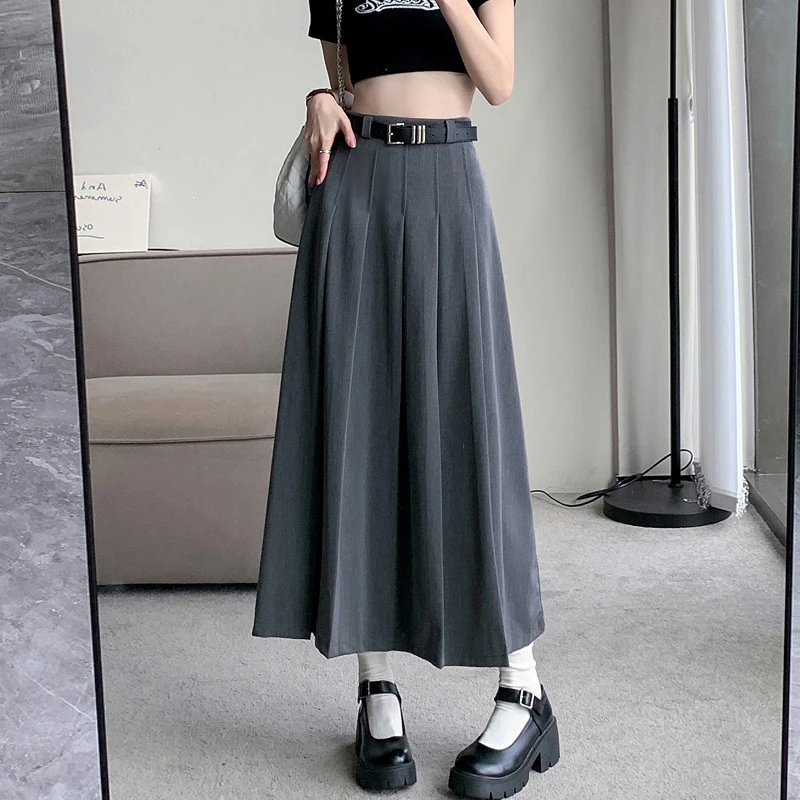 Black Gray High Waist Jk Long Skirts Women Preppy Style with Belt Suit Pleated Skirt Woman Korean Fashion A Line Midi Skirt 2026
