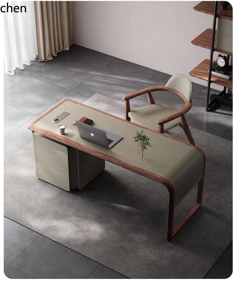 ZML saddle leather desk minimalist with auxiliary cabinet computer desk solid wood high-end creative desk and chair combination