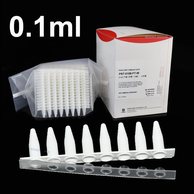 0.1ml PCR Tube 0.1ml Centrifuge Tube Fluorescent Quantitative PCR Tube with Flat Cover，DNase/RNase Free，White 8 Strip，125Set