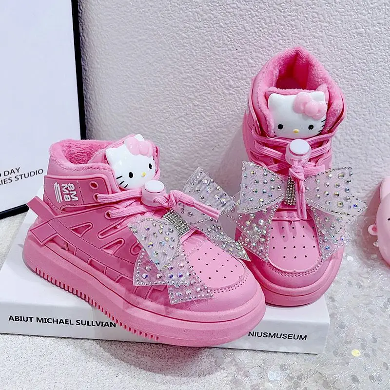 Hello Kitty Cartoon Girls Sneakers Kawaii Sanrio Autumn and Winter New Fashion Children\'s Soft Sole High Top Board Shoes Gifts