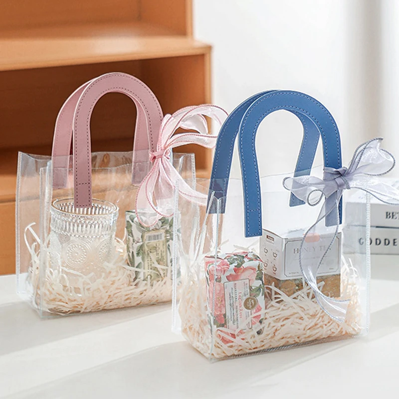 10pcs Wedding Distributions Gift Bags Transparent Box with Handle Clear Tote Bag Baby Shower Wedding for Guest Gifts Souvenirs