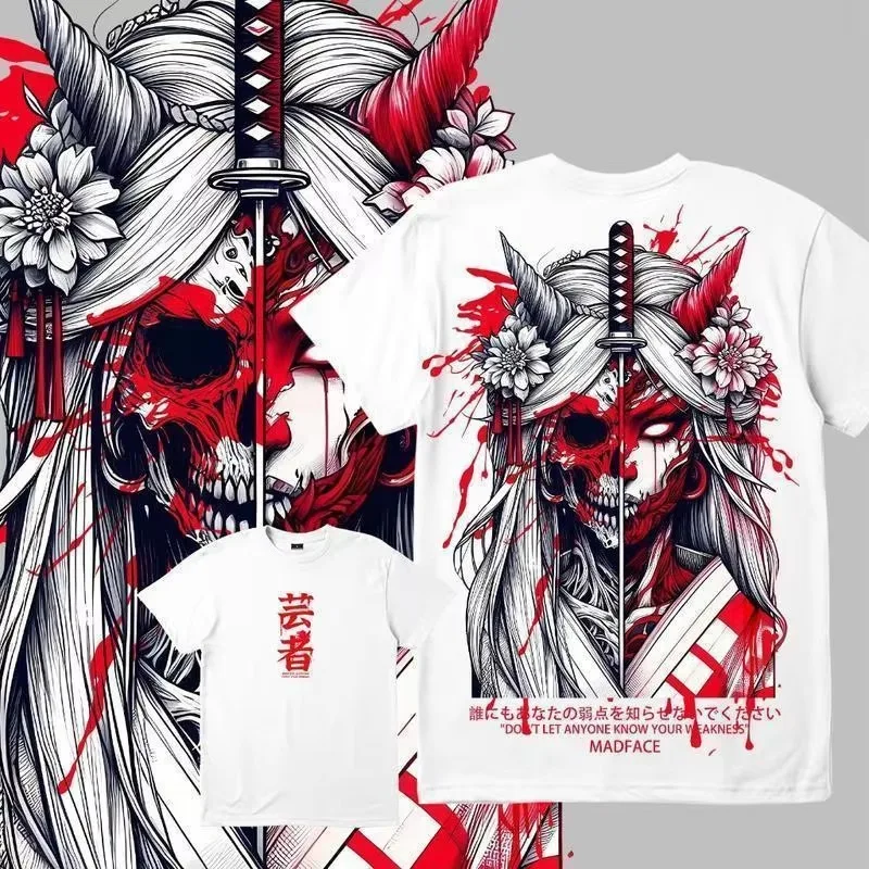 2026 New Edgy Japanese Oni Geisha Tattoo T-shirt with Samurai Sword and Red Print Cotton Men's T-shirt Summer Casual Wear