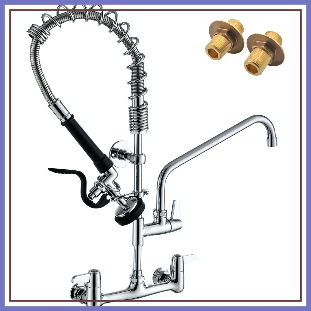

Commercial Sink Faucet Wall Mount with Pre-Rinse Sprayer – 8" Center, 25" Height, 12" Swing Spout, Pull Down for Restaurant & Industrial Use